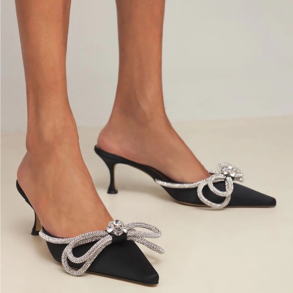 Mach & Mach 65MM DOUBLE BOW SILK SATIN MULES - Picture 1 of 3